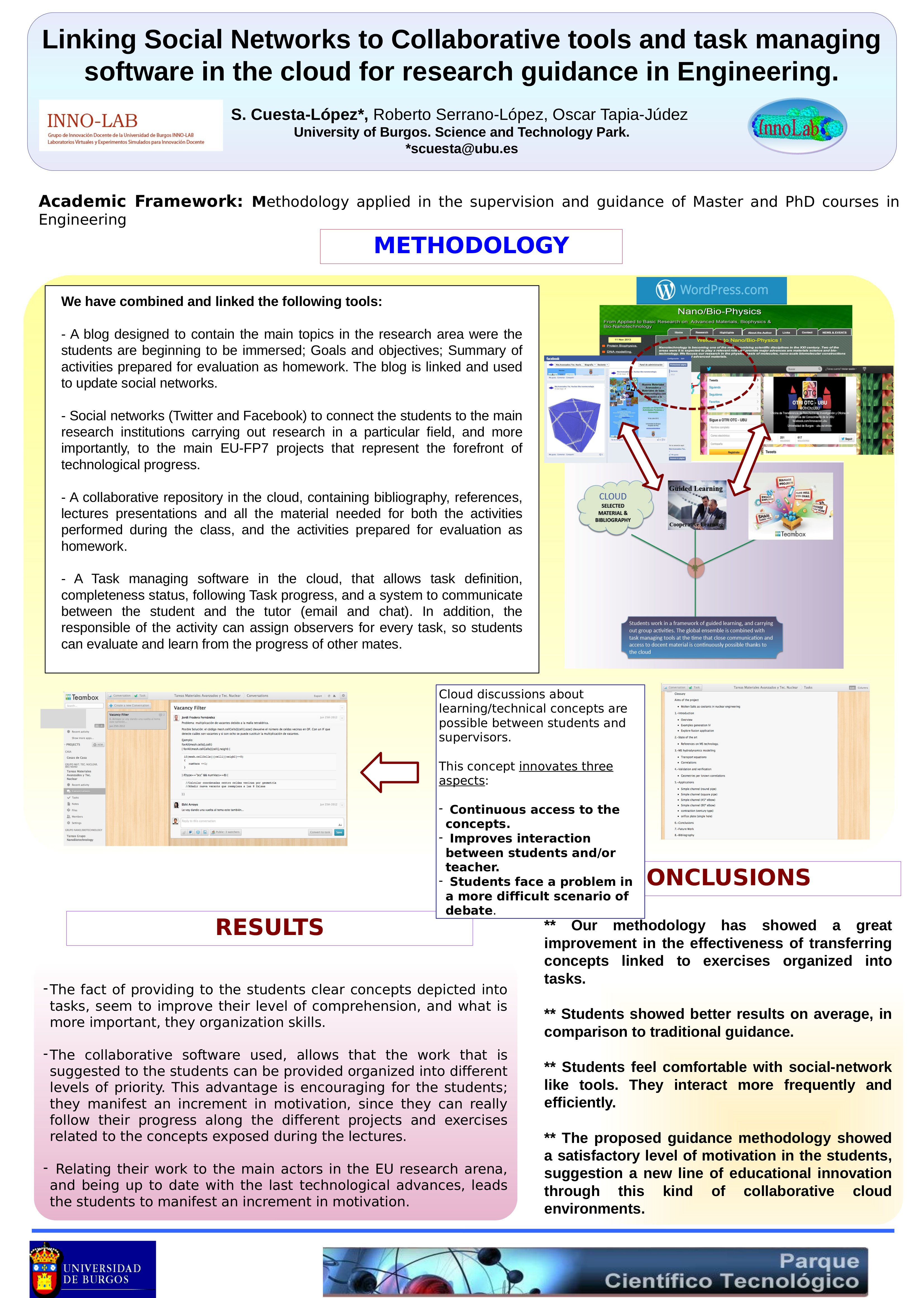Linking Social Networks to Collaborative tools and task managing software in the cloud for research guidance in Engineering. Innolab, inno-lab, innovacin educativa, experimentos simulados, laboratorios virtuales, modelizacin molecular